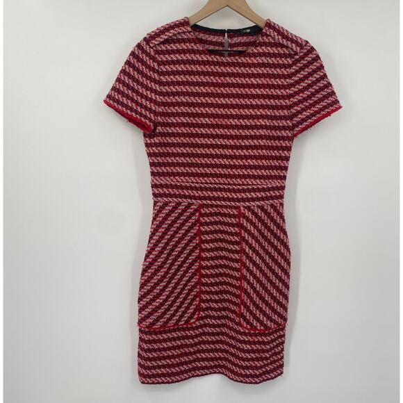 Maje Riola Striped Tweed Mini Sheath Dress Short Sleeve Red Black Womens Size 2 - Picture 3 of 10
